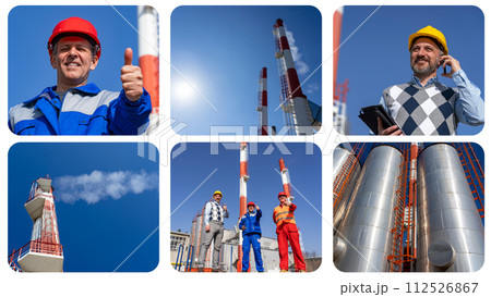 District Heating Plant - Technical Manager, Worker and Maintenance Engineer in Protective Workwear Standing in front of Industrial Chimneys and Giving Thumbs Up - Photo Collage 112526867