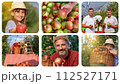 Family Picking Apples in an Orchard - Little Girl and her Father Eating Apples in Apple Orchard - Healthy Food Concept - Photo Collage 112527171