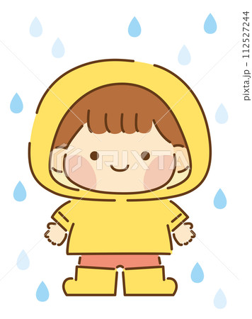 雨が降る中、レインコートを着た子ども、線あり 112527244