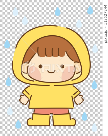 一個孩子在雨中穿著雨衣,有一條線 一個孩子在雨中穿著雨衣,有一條線 112527244