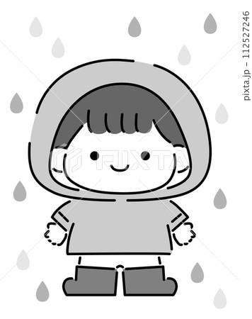 雨が降る中、レインコートを着た子ども、線あり・単色 112527246