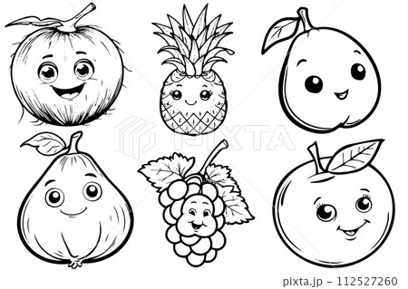 Coloring page illustration of smiling fruits including an coconut, pineapple, mango, fig, grape and orange. Coloring page illustration of smiling fruits including an coconut, pineapple, mango, fig, grape and orange. 112527260