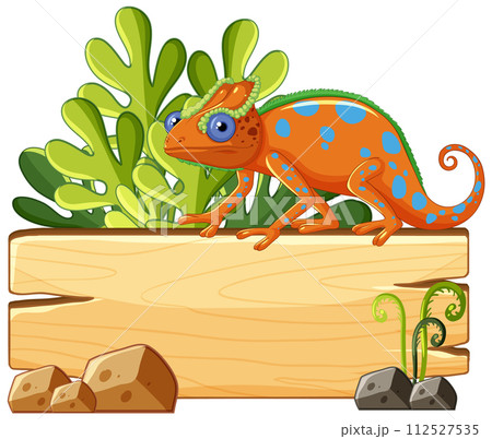 Colorful Chameleon on Wooden Sign Colorful Chameleon on Wooden Sign 112527535