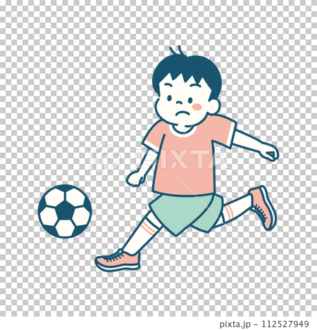 サッカーの試合でドリブルをする男の子のイラスト シンプル サッカーの試合でドリブルをする男の子のイラスト シンプル 112527949