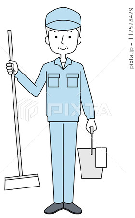 掃除用具を持った清掃員のシニア男性のイラスト 掃除用具を持った清掃員のシニア男性のイラスト 112528429