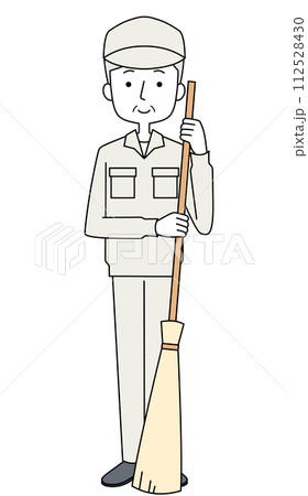 竹ほうきを持った作業着のシニア男性のイラスト 竹ほうきを持った作業着のシニア男性のイラスト 112528430