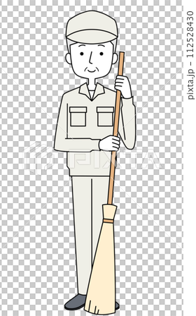 Illustration of a senior man in work clothes holding a bamboo broom 112528430