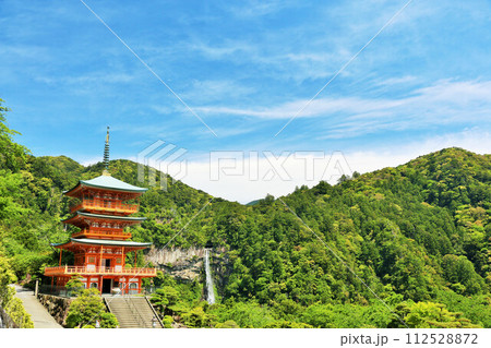 和歌山県　那智大社　青岸渡寺三重塔と那智の滝 112528872