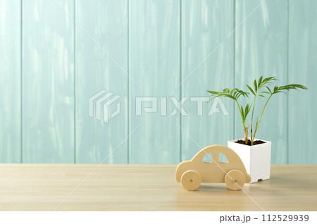 青い壁とテーブルヤシと木のおもちゃ 112529939