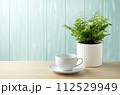 青い壁とアジアンタムとコーヒーカップ 112529949