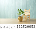 青い壁と小さい椅子とカポック 112529952