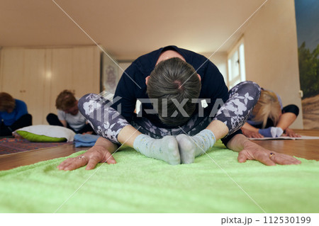A group of senior women engage in various yoga exercises, including neck, back, and leg stretches, under the guidance of a trainer in a sunlit space, promoting well-being and harmony A group of senior women engage in various yoga exercises, including neck, back, and leg stretches, under the guidance of a trainer in a sunlit space, promoting well-being and harmony 112530199