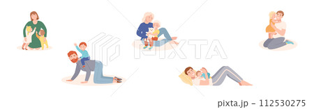 Mother and Father Love Their Kids Play and Embrace Them Vector Set 112530275