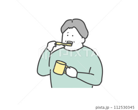 歯磨きをする高齢男性　口腔ケアイラスト 112530345