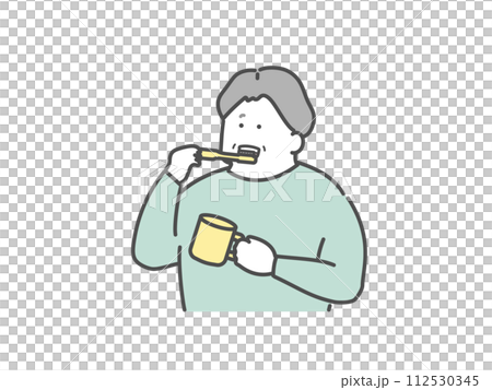 歯磨きをする高齢男性　口腔ケアイラスト 112530345