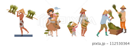 Asian Farmers in Straw Conical Hat Working on Field Vector Set Asian Farmers in Straw Conical Hat Working on Field Vector Set 112530364