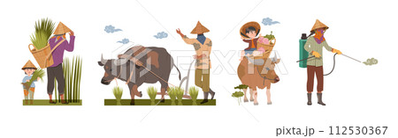 Asian Farmers in Straw Conical Hat Working on Field Vector Set 112530367