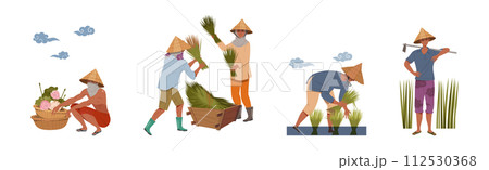 Asian Farmers in Straw Conical Hat Working on Field Vector Set Asian Farmers in Straw Conical Hat Working on Field Vector Set 112530368
