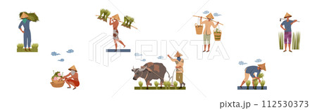Asian Farmers in Straw Conical Hat Working on Field Vector Set Asian Farmers in Straw Conical Hat Working on Field Vector Set 112530373