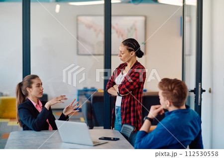 A team of successful programmers sits in a startup office, strategizing new business projects and solving existing challenges, showcasing innovation and collaboration in the tech industry 112530558