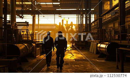 two men walking in an industrial factory on a sunny day 112530774