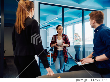 A diverse team of young business people exchanging ideas in a modern startup office 112531162