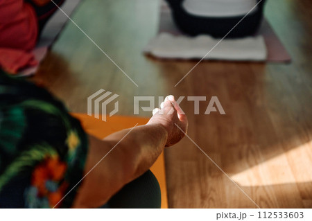 In this sunlit space, a senior woman's hand gracefully engages in various yoga poses, embodying the essence of active aging, health, and inner peace 112533603