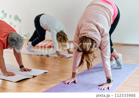 A group of senior women engage in various yoga exercises, including neck, back, and leg stretches, under the guidance of a trainer in a sunlit space, promoting well-being and harmony A group of senior women engage in various yoga exercises, including neck, back, and leg stretches, under the guidance of a trainer in a sunlit space, promoting well-being and harmony 112533988