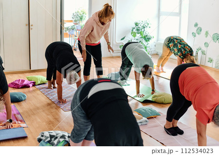 A group of senior women engage in various yoga exercises, including neck, back, and leg stretches, under the guidance of a trainer in a sunlit space, promoting well-being and harmony 112534023