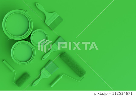 Set of metal and plastic buckets, paint roller and brush on monochrome 112534671