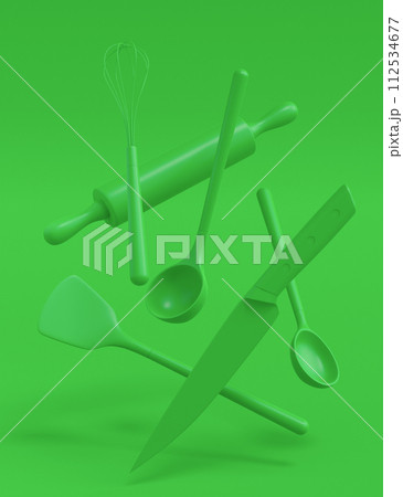 Wooden kitchen utensils, tools and equipment on green monochrome background. 112534677