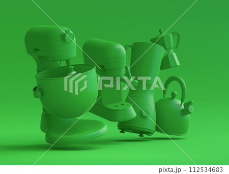 Electric kitchen appliances and utensils for making culinary on green monochrome Electric kitchen appliances and utensils for making culinary on green monochrome 112534683