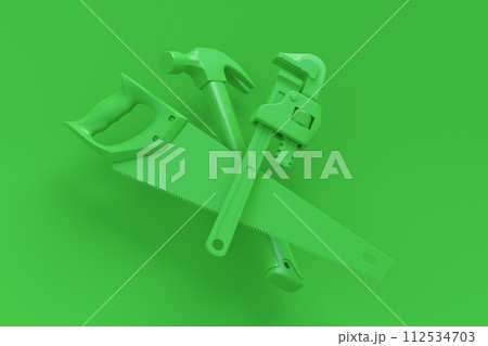 Flying view of monochrome construction tools for repair on multicolor background Flying view of monochrome construction tools for repair on multicolor background 112534703