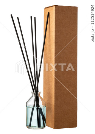 Aromatic diffuser bottle with sticks isolated on white background 112534924