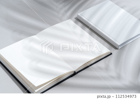 Blank open notepad on gray background studio shot Blank open notepad on gray background studio shot 112534973