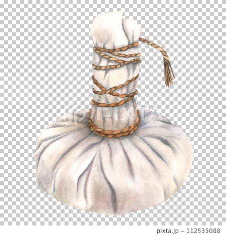 Thai herbal compresses ball. Hand painted watercolor illustration of massage ball for spa on isolated background. Relax and healthy care concept. For wellness resort, brochure, booklet, web design. 112535088