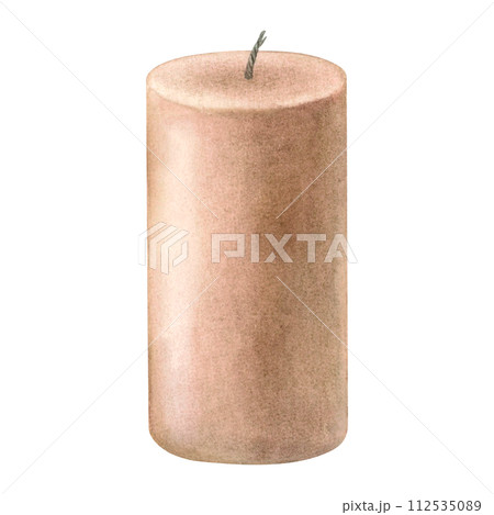 Column shaped scented pilar candle made from soy and coconut wax. Hand drawn watercolor illustration isolated on background. Use for aromatherapy, hygienic home, meditation, wellness resort, booklet. 112535089