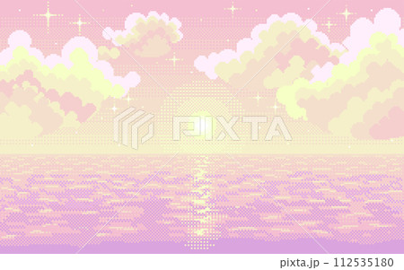 (pixel art)穏やかな海と幻想的な星が輝く夕暮れのドット絵風景画 112535180