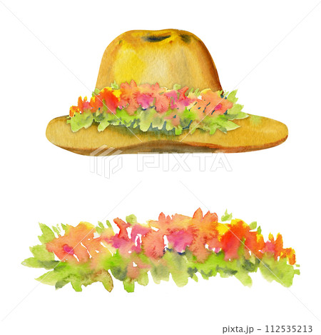 Hand drawn watercolor illustration spring gardening accessory, straw sun hat with flowers and leaves. Composition isolated on white background. Design print, shop, scrapbooking, packaging, decoupage 112535213