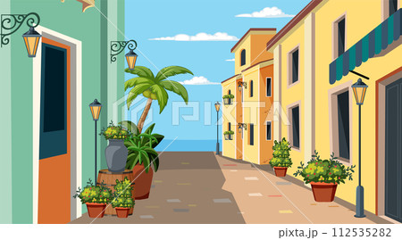 Sunny Mediterranean Alleyway Illustration Sunny Mediterranean Alleyway Illustration 112535282