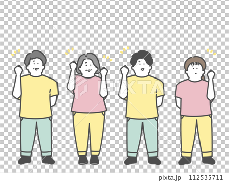 ガッツポーズをする男女高齢者、介護士イラスト 112535711