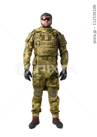 Male soldier in military ammunition isolated on white background 112536106