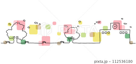 学校と桜の木の風景の手描き線画イラスト 112536180