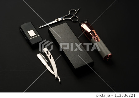 Tools for barbershop on black background studio shot 112536221