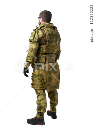 Back view of male soldier in military uniform isolated on white background Back view of male soldier in military uniform isolated on white background 112536222