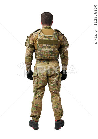 Back view of male soldier in military uniform isolated on white background Back view of male soldier in military uniform isolated on white background 112536250