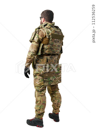 Back view of male soldier in military uniform isolated on white background 112536259