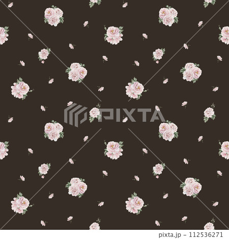 Rose hip pink flowers with buds and green leaves, Victorian style, watercolor seamless minimalist pattern on dark background. For use in design, fabric, textile, scrapbooking, wallpaper, wrapping papp 112536271