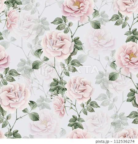 Rose hip pink flowers with buds and green leaves, Victorian style, watercolor seamless pattern on light blue background. For use in design, fabric, textile, scrapbooking, wallpaper, wrapping papper, g Rose hip pink flowers with buds and green leaves, Victorian style, watercolor seamless pattern on light blue background. For use in design, fabric, textile, scrapbooking, wallpaper, wrapping papper, g 112536274
