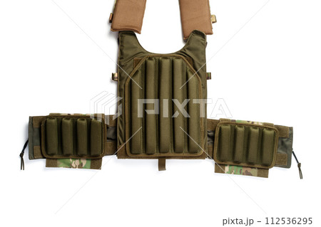 Close up of tactical bulletproof vest on white background 112536295